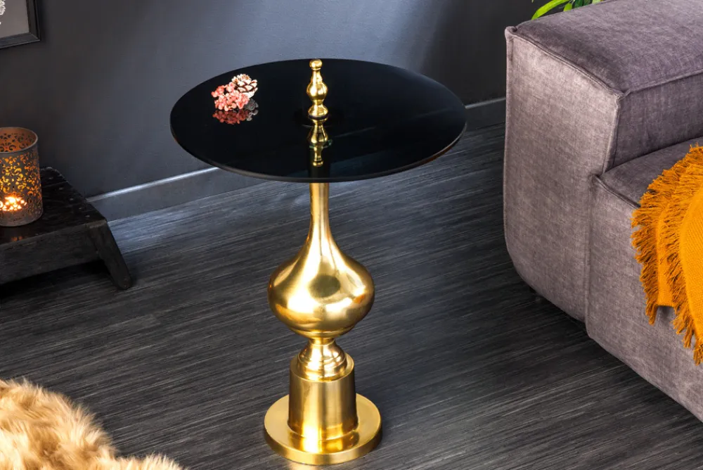 Riess-Ambiente Beistelltische|Goldene Möbel > Design Beistelltisch ABSTRACT 45cm gold Metall schwarze Glasplatte handmade rund