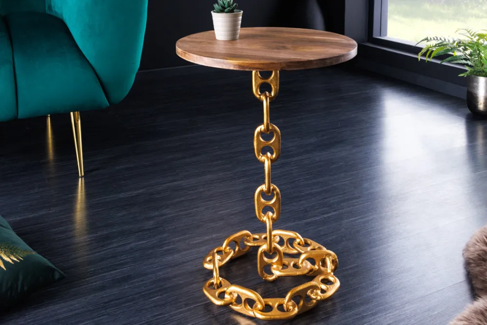 Riess-Ambiente Beistelltische|Mehr... > Design Beistelltisch CHAINS 55cm gold Mangoholz handmade Metall rund Kettengestell massiv