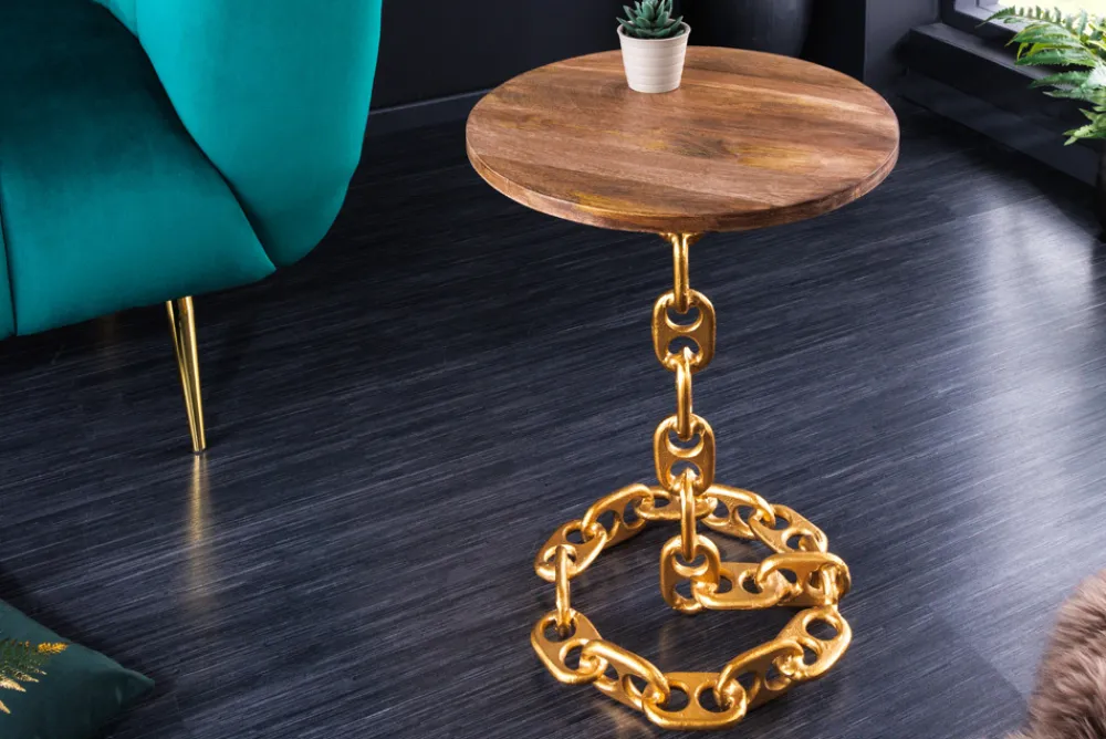 Riess-Ambiente Beistelltische|Mehr... > Design Beistelltisch CHAINS 55cm gold Mangoholz handmade Metall rund Kettengestell massiv