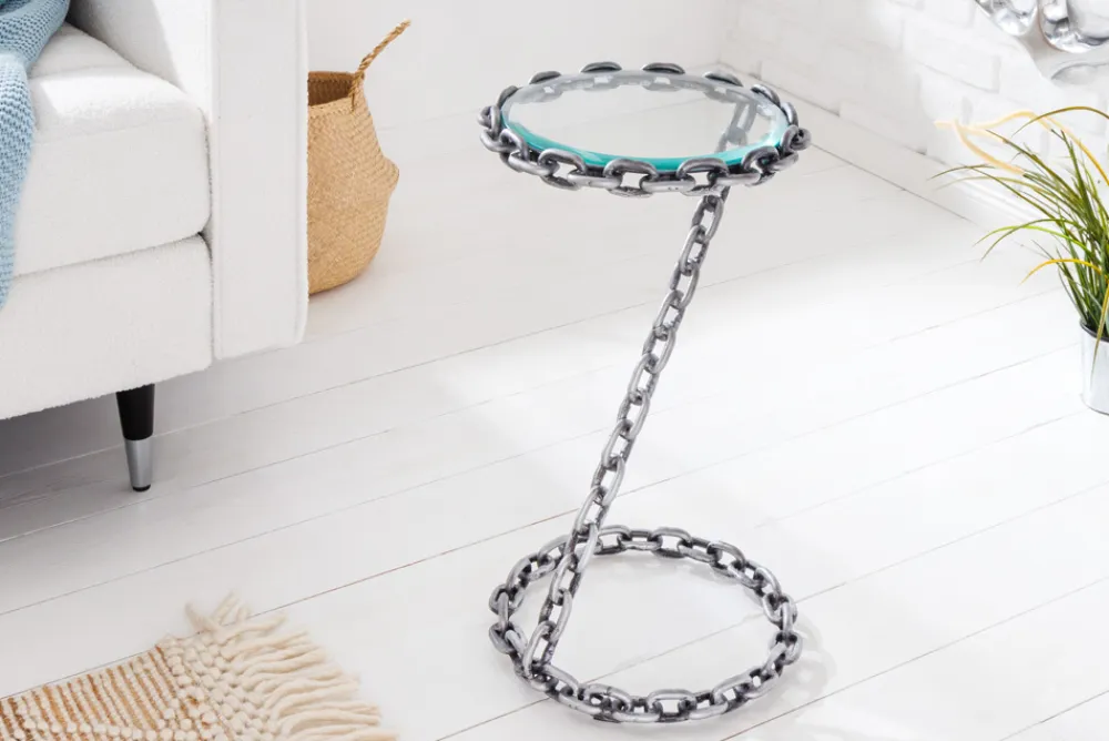 Riess-Ambiente Beistelltische > Design Beistelltisch CHAINS 35cm silber handmade Metall rund Glasplatte Kettengestell