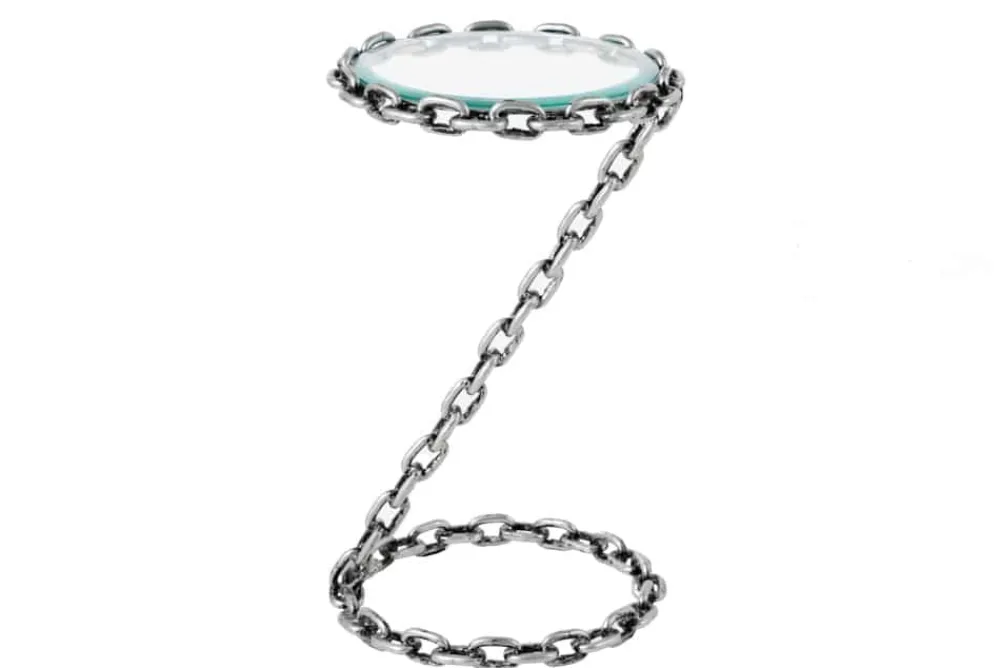 Riess-Ambiente Beistelltische > Design Beistelltisch CHAINS 35cm silber handmade Metall rund Glasplatte Kettengestell