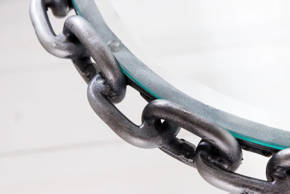 Riess-Ambiente Beistelltische > Design Beistelltisch CHAINS 35cm silber handmade Metall rund Glasplatte Kettengestell