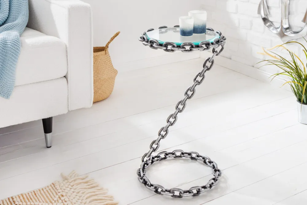 Riess-Ambiente Beistelltische > Design Beistelltisch CHAINS 35cm silber handmade Metall rund Glasplatte Kettengestell