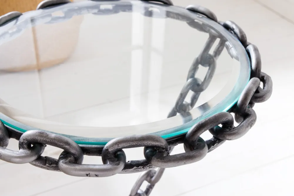 Riess-Ambiente Beistelltische > Design Beistelltisch CHAINS 35cm silber handmade Metall rund Glasplatte Kettengestell