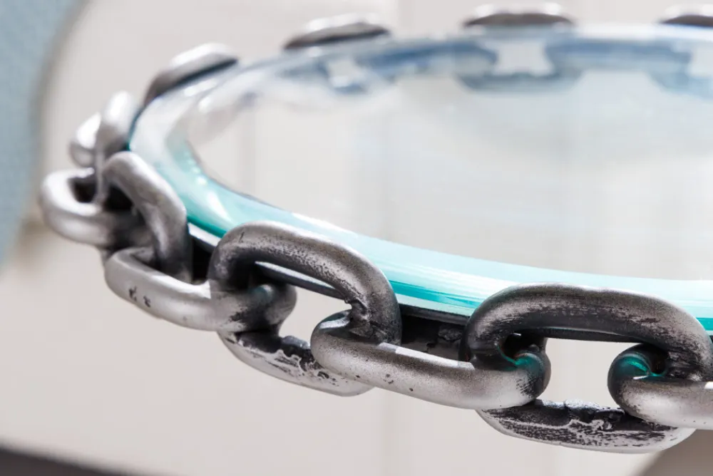 Riess-Ambiente Beistelltische > Design Beistelltisch CHAINS 35cm silber handmade Metall rund Glasplatte Kettengestell