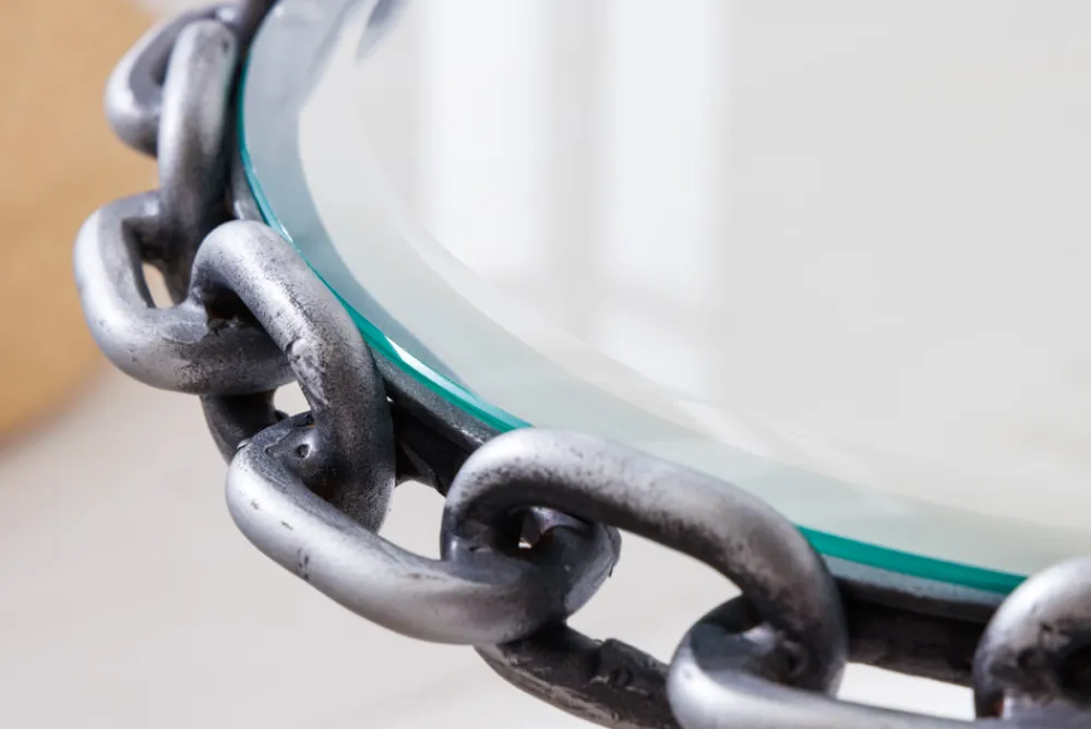 Riess-Ambiente Beistelltische > Design Beistelltisch CHAINS 35cm silber handmade Metall rund Glasplatte Kettengestell