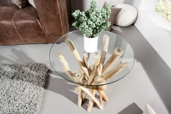 Riess-Ambiente Beistelltische|Mehr... > Design Beistelltisch DRIFTWOOD 40cm Teakholz mit Glasplatte rund Couchtisch