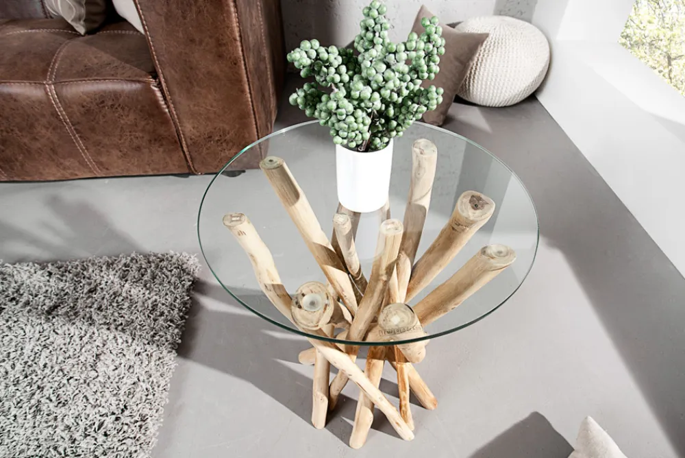 Riess-Ambiente Beistelltische|Mehr... > Design Beistelltisch DRIFTWOOD 40cm Teakholz mit Glasplatte rund Couchtisch