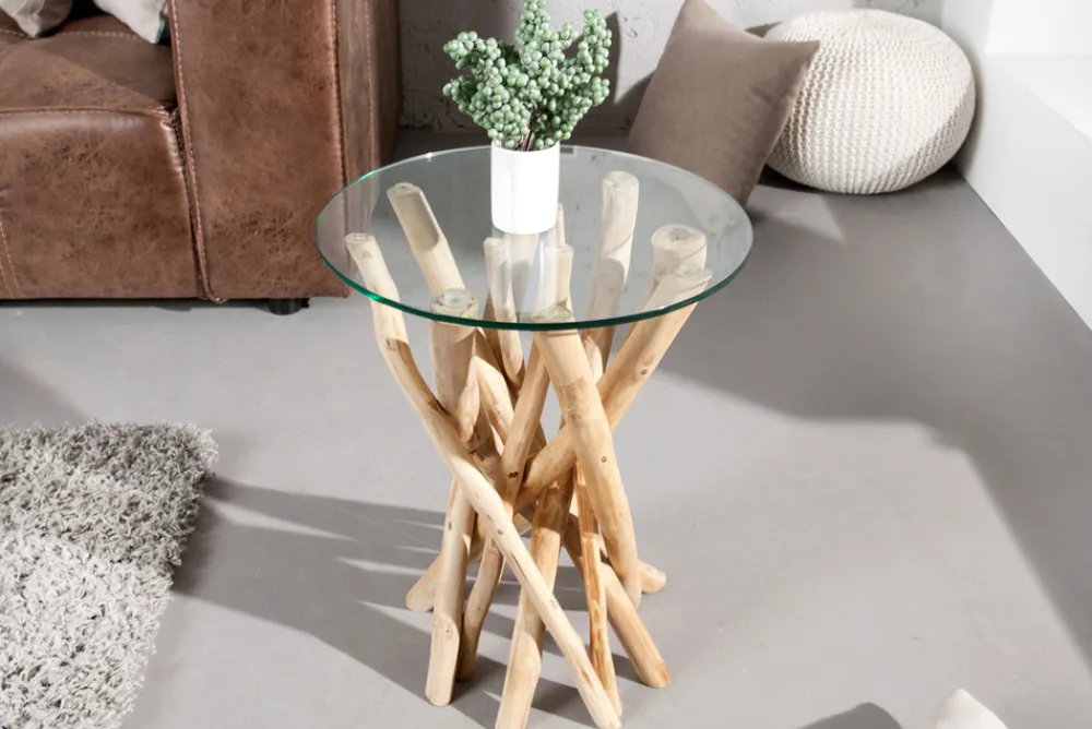 Riess-Ambiente Beistelltische|Mehr... > Design Beistelltisch DRIFTWOOD 40cm Teakholz mit Glasplatte rund Couchtisch