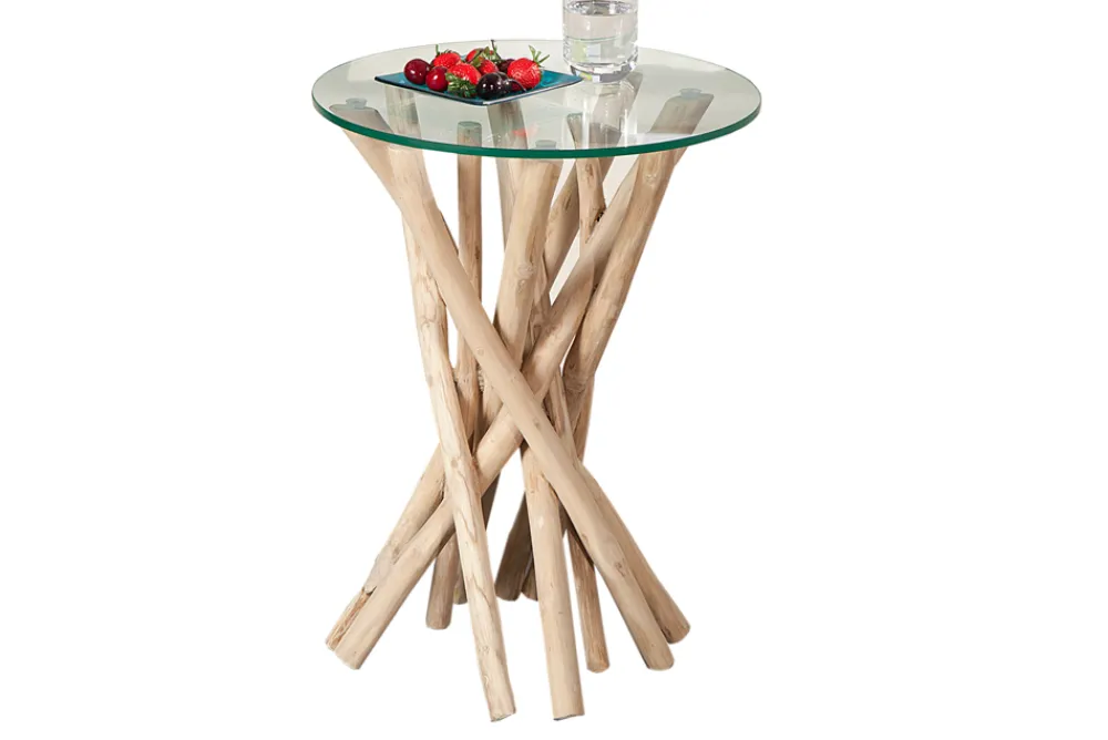 Riess-Ambiente Beistelltische|Mehr... > Design Beistelltisch DRIFTWOOD 40cm Teakholz mit Glasplatte rund Couchtisch