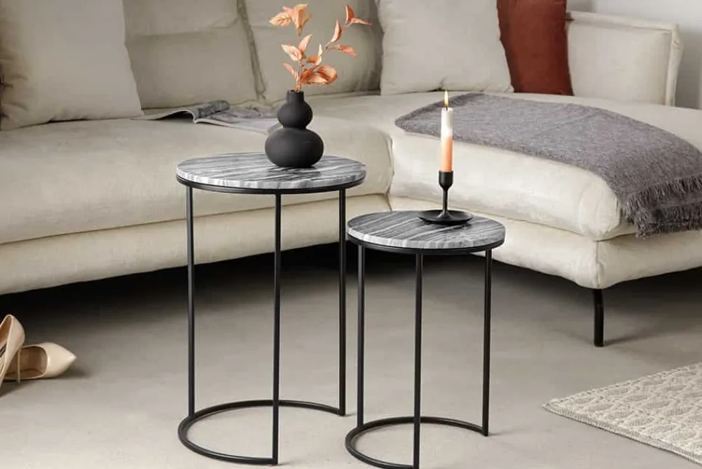 Riess-Ambiente Beistelltische|Industrial Loft > Design Beistelltisch 2er Set ELEMENTS 40cm grau Marmor schwarzes Gestell rund