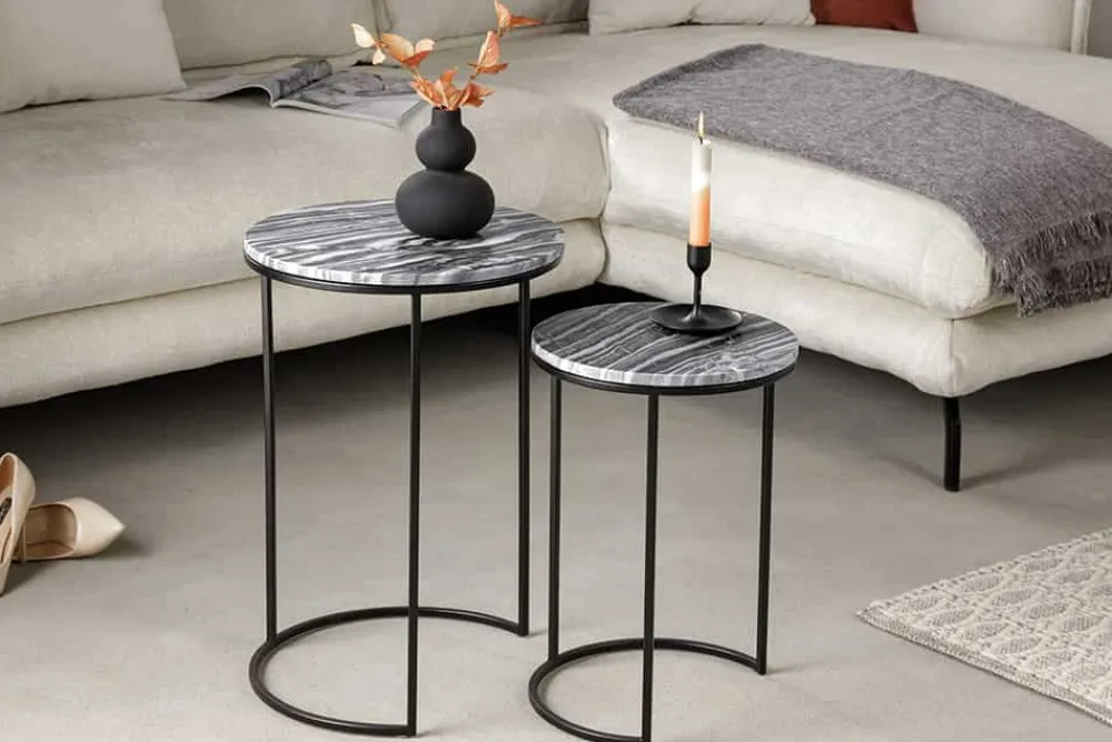 Riess-Ambiente Beistelltische|Industrial Loft > Design Beistelltisch 2er Set ELEMENTS 40cm grau Marmor schwarzes Gestell rund