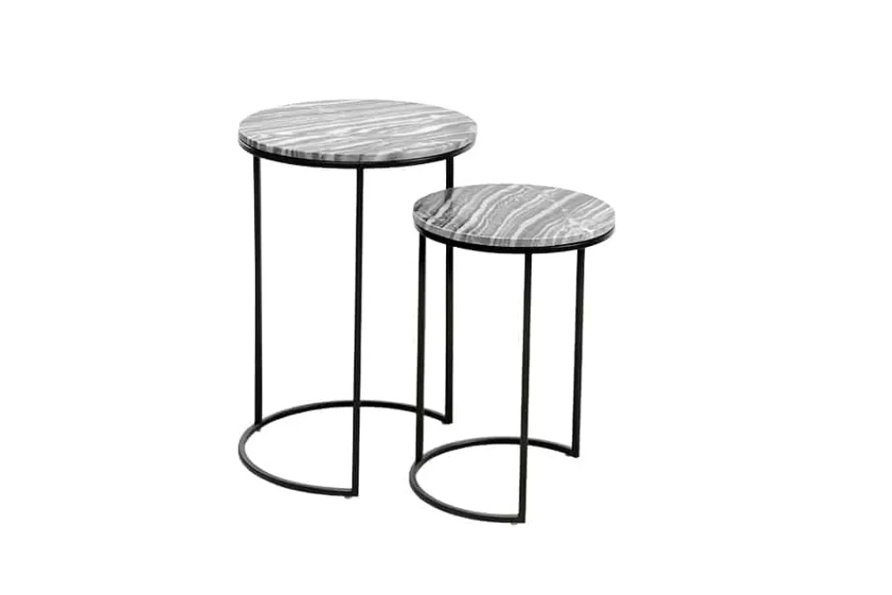 Riess-Ambiente Beistelltische|Industrial Loft > Design Beistelltisch 2er Set ELEMENTS 40cm grau Marmor schwarzes Gestell rund