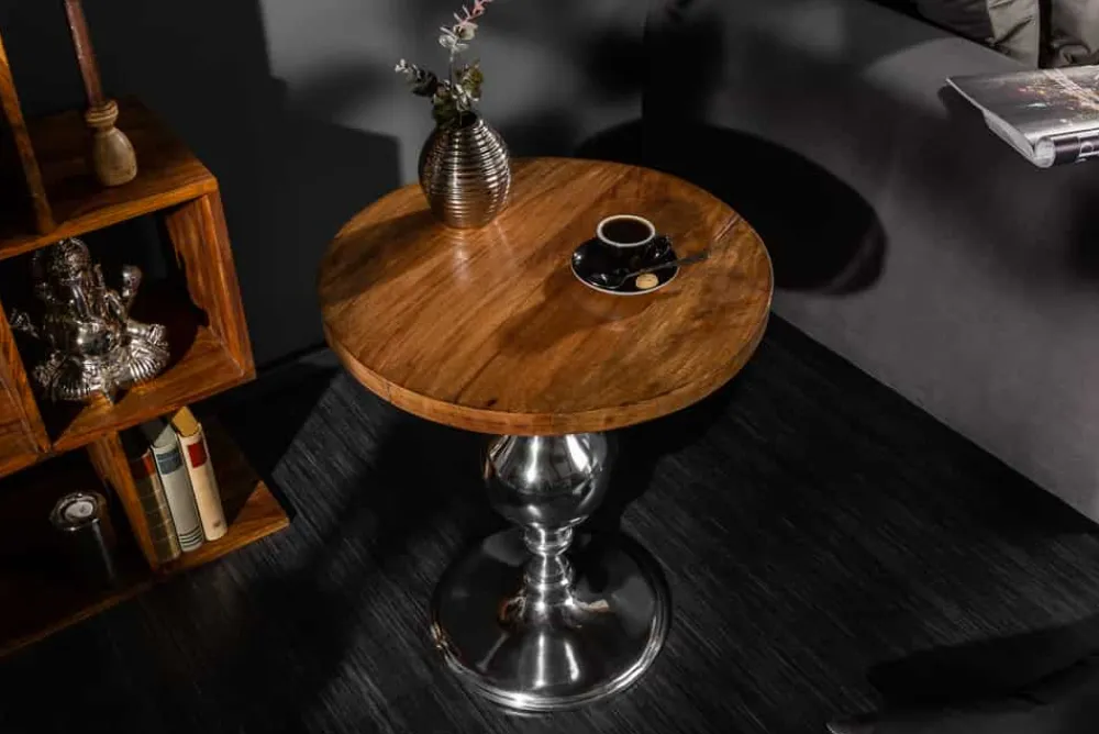 Riess-Ambiente Beistelltische|Mehr... > Design Beistelltisch EXTRAVAGANCIA 60cm Mangoholz massiv rund Metall Säulenfuß silber
