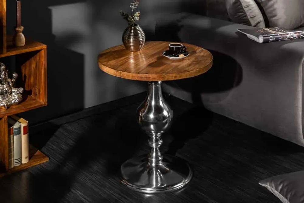 Riess-Ambiente Beistelltische|Mehr... > Design Beistelltisch EXTRAVAGANCIA 60cm Mangoholz massiv rund Metall Säulenfuß silber