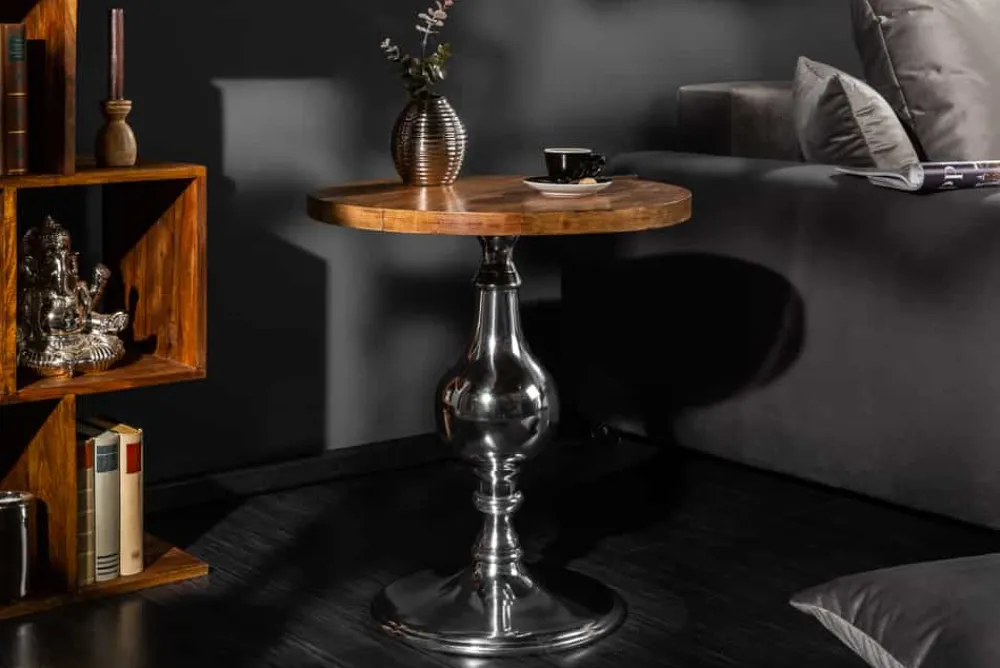 Riess-Ambiente Beistelltische|Mehr... > Design Beistelltisch EXTRAVAGANCIA 60cm Mangoholz massiv rund Metall Säulenfuß silber