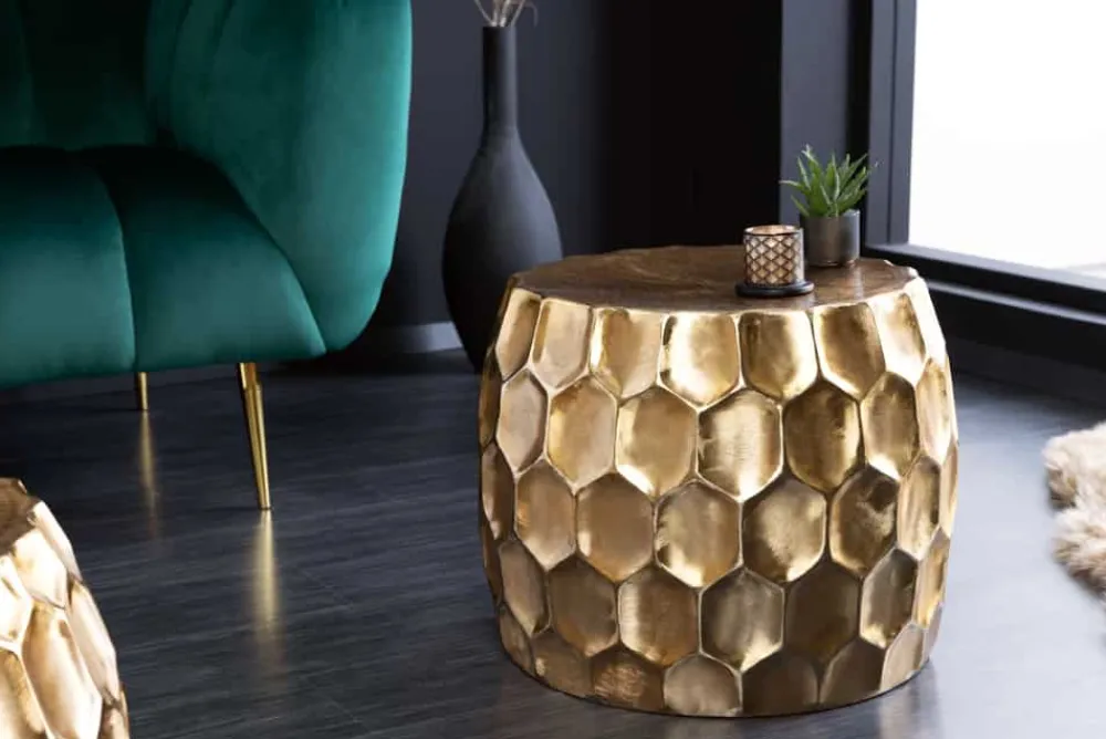 Riess-Ambiente Beistelltische|Goldene Möbel > Design Beistelltisch ORGANIC ORIENT 55cm gold Metall Hammerschlag Nachttisch handmade rund