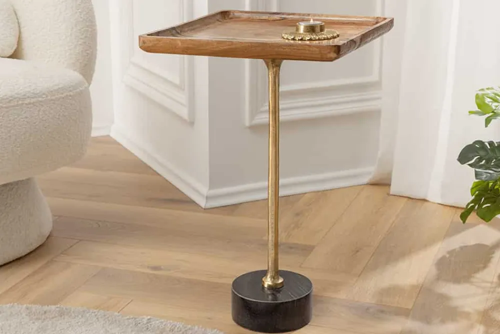 Riess-Ambiente Beistelltische|Mehr... > Design Beistelltisch TRAYFUL 55cm natur Akazie Massivholz schwarzer Marmorfuß gold Metall