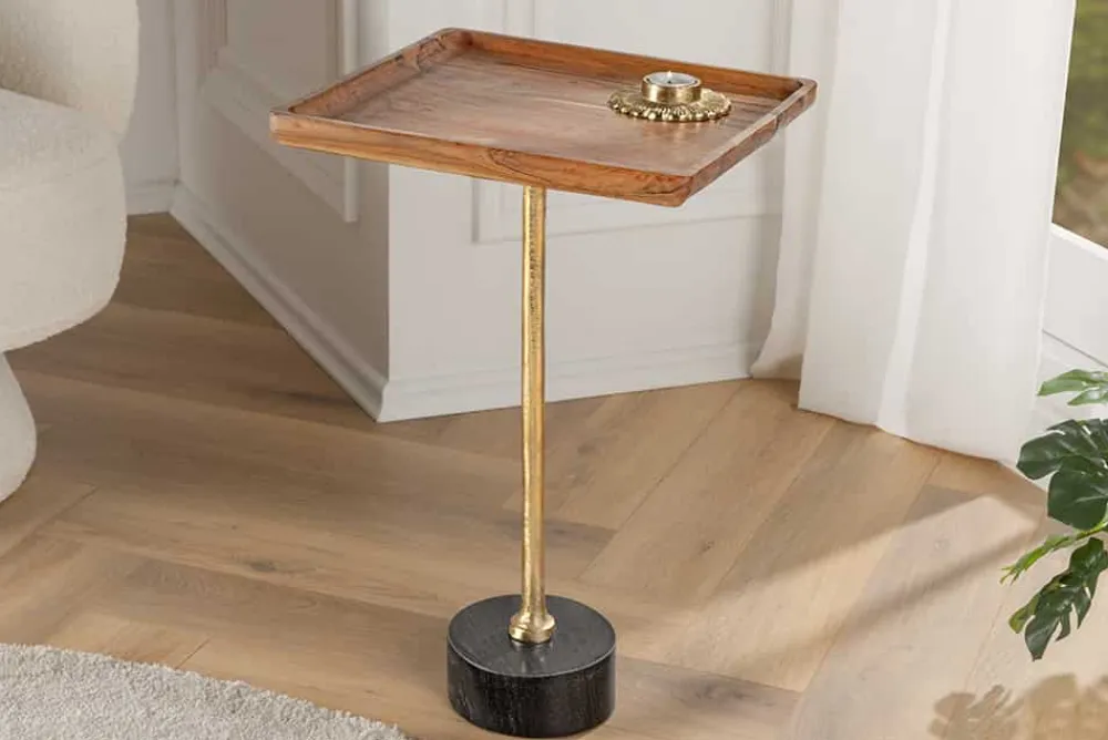 Riess-Ambiente Beistelltische|Mehr... > Design Beistelltisch TRAYFUL 55cm natur Akazie Massivholz schwarzer Marmorfuß gold Metall