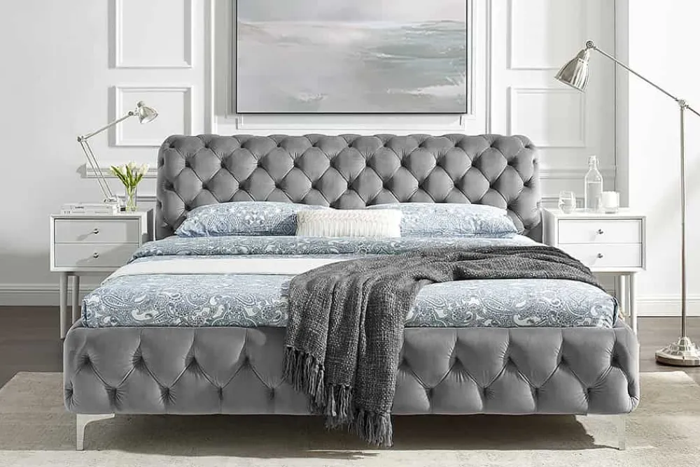 Riess-Ambiente Polsterbetten|Samt Möbel > Design Bett MODERN BAROCK 160x200cm grau Samt Chesterfield Doppelbett