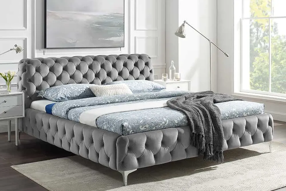 Riess-Ambiente Polsterbetten|Samt Möbel > Design Bett MODERN BAROCK 160x200cm grau Samt Chesterfield Doppelbett