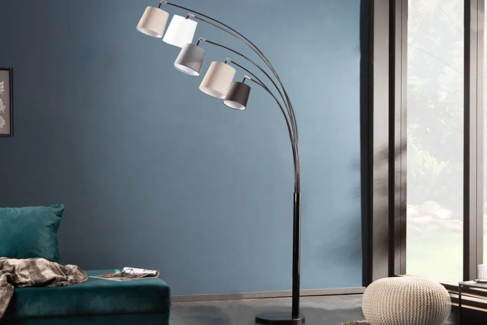 Riess-Ambiente Retro Möbel|Stehleuchten > Design Bogenlampe LEVELS 205cm schwarz grau 5 Leinenschirme Stehlampe