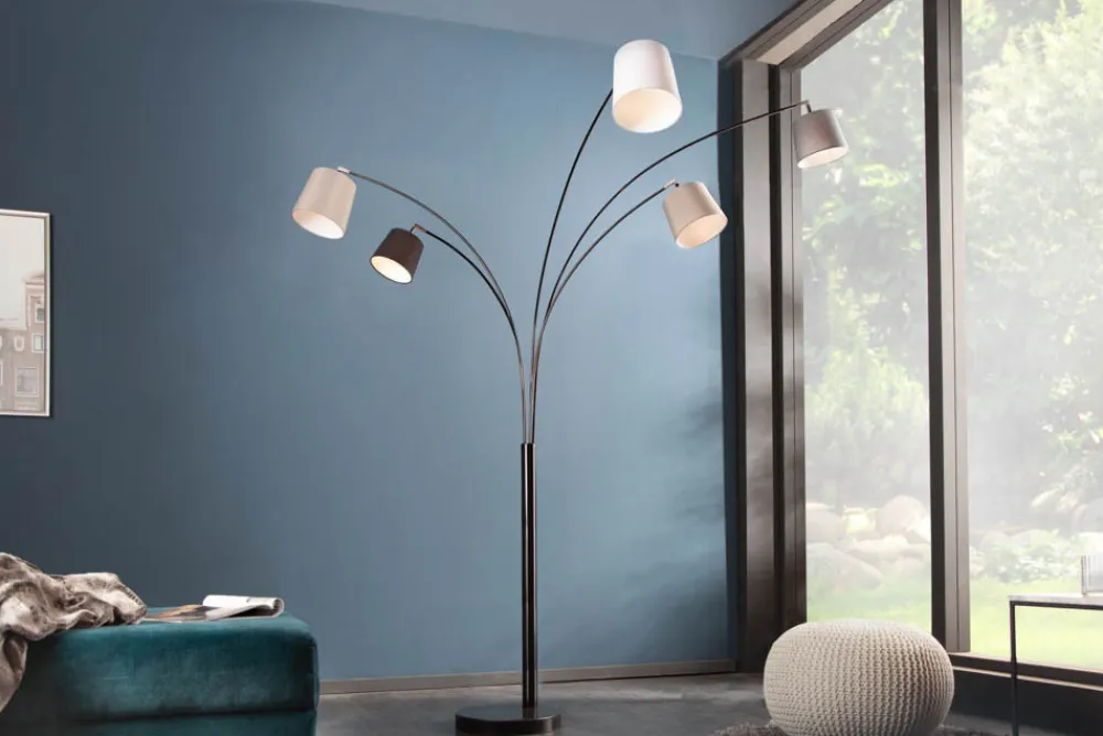 Riess-Ambiente Retro Möbel|Stehleuchten > Design Bogenlampe LEVELS 205cm schwarz grau 5 Leinenschirme Stehlampe