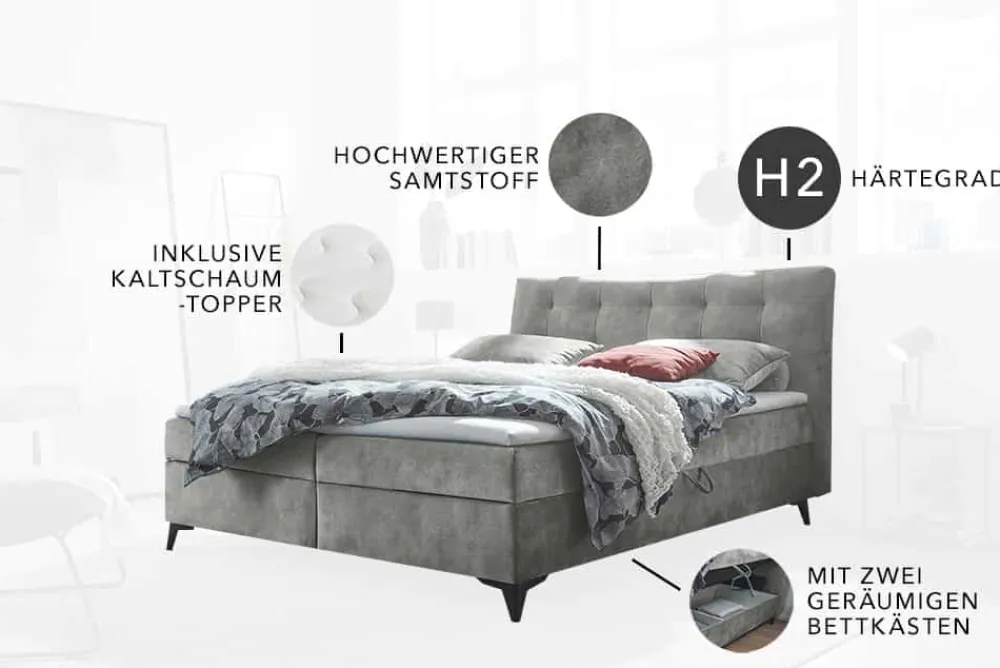 Riess-Ambiente Boxbetten|Samt Möbel > Design Boxbett DECADENCIA 180x200cm silbergrau Samt mit Stauraum Matratze Topper