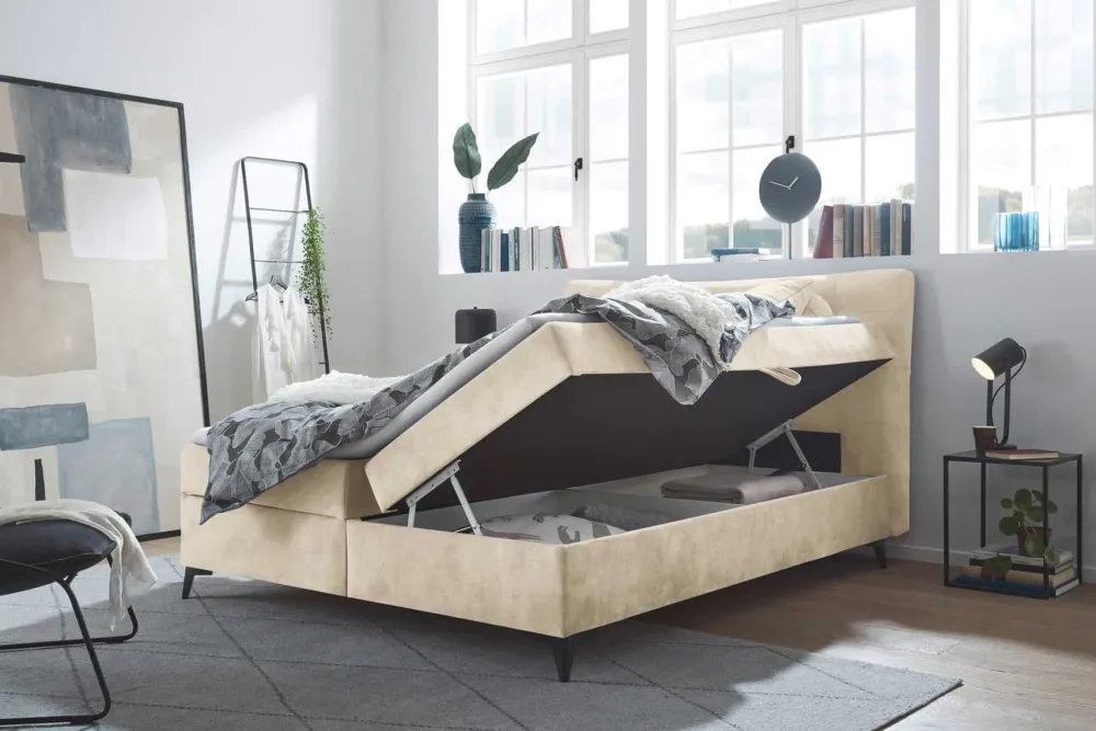 Riess-Ambiente Boxbetten|Samt Möbel > Design Boxbett DECADENCIA 180x200cm beige Samt mit Stauraum Matratze Topper