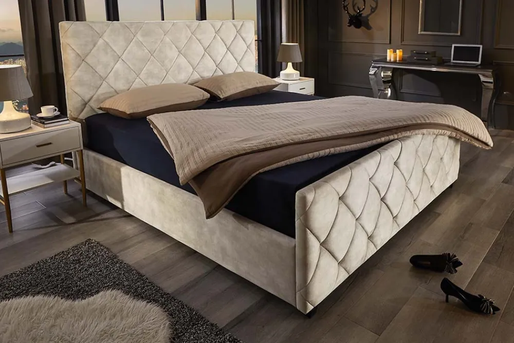 Riess-Ambiente Boxbetten|Samt Möbel > Design Boxbett ELYSIUM 160x200cm champagner beige Samt mit Stauraum und Lattenrost