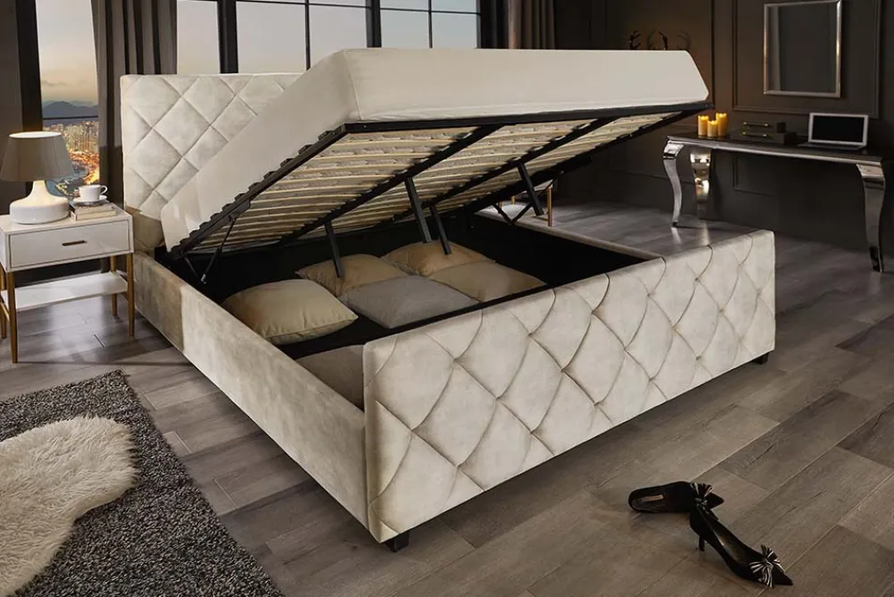 Riess-Ambiente Boxbetten|Samt Möbel > Design Boxbett ELYSIUM 160x200cm champagner beige Samt mit Stauraum und Lattenrost