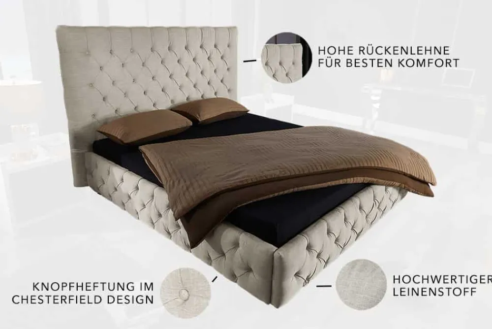 Riess-Ambiente Boxbetten > Design Boxbett PARIS 180x200cm beige Leinen Chesterfield Doppelbett