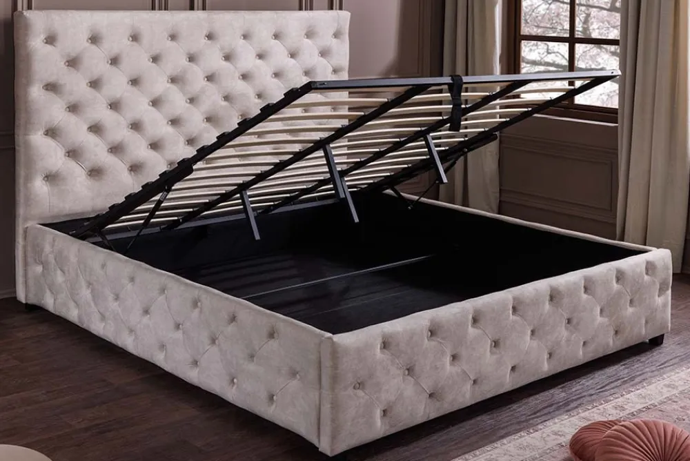 Riess-Ambiente Boxbetten|Samt Möbel > Design Boxbett PARIS 160x200cm champagner beige Samt mit Stauraum und Lattenrost