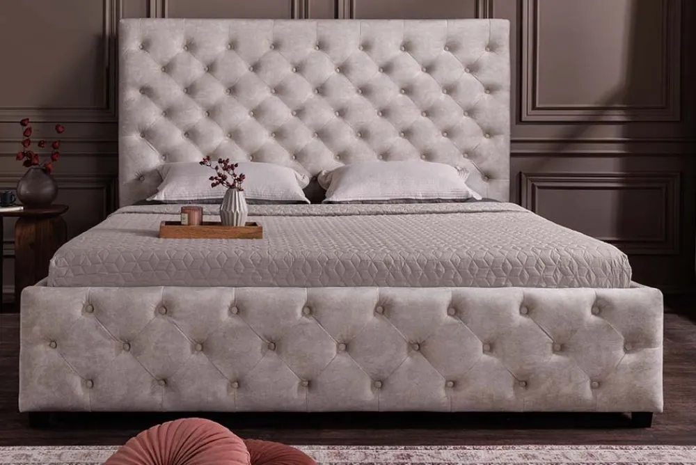Riess-Ambiente Boxbetten|Samt Möbel > Design Boxbett PARIS 160x200cm champagner beige Samt mit Stauraum und Lattenrost