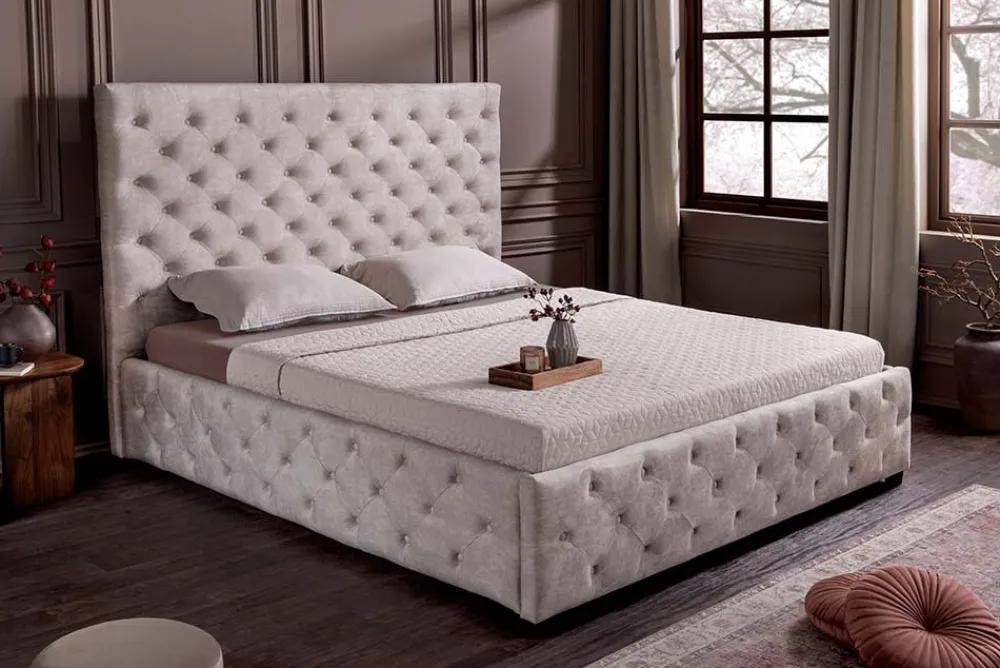 Riess-Ambiente Boxbetten|Samt Möbel > Design Boxbett PARIS 160x200cm champagner beige Samt mit Stauraum und Lattenrost