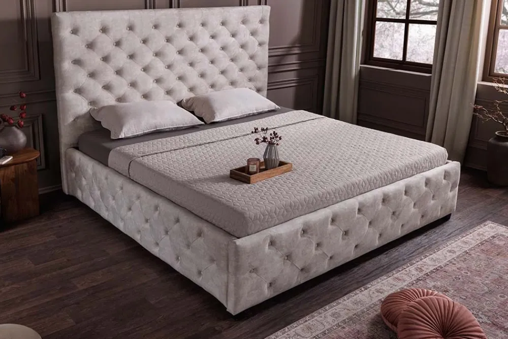 Riess-Ambiente Boxbetten|Samt Möbel > Design Boxbett PARIS 160x200cm champagner beige Samt mit Stauraum und Lattenrost
