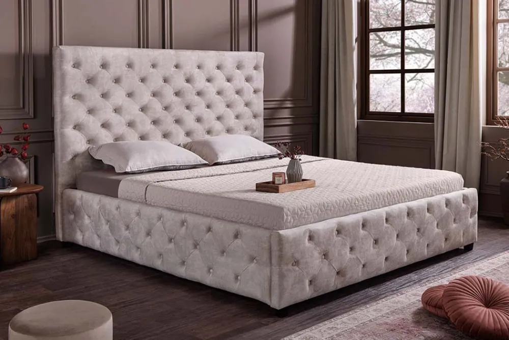 Riess-Ambiente Boxbetten|Samt Möbel > Design Boxbett PARIS 160x200cm champagner beige Samt mit Stauraum und Lattenrost