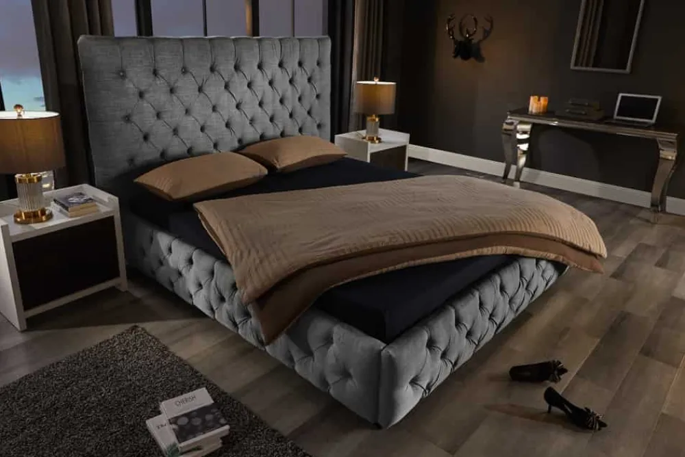 Riess-Ambiente Boxbetten > Design Boxbett PARIS 180x200cm grau Leinen Chesterfield Doppelbett