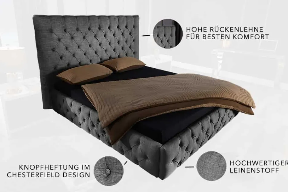 Riess-Ambiente Boxbetten > Design Boxbett PARIS 180x200cm grau Leinen Chesterfield Doppelbett