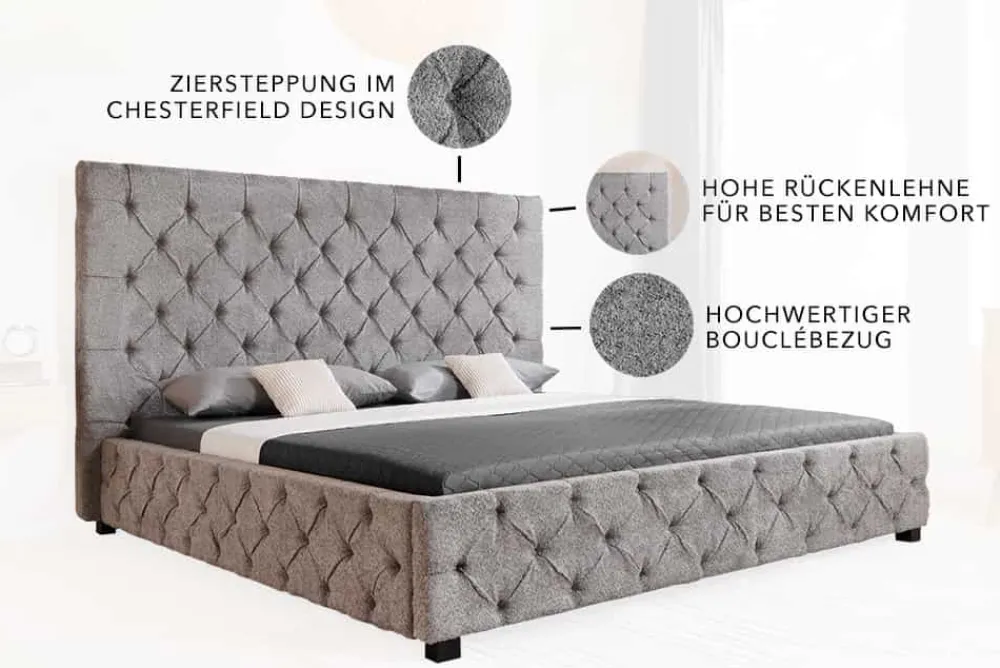 Riess-Ambiente Boxbetten|Polsterbetten > Design Boxbett PARIS 180x200 cm grau Bouclé Chesterfield