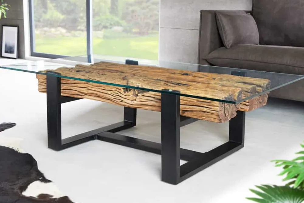 Riess-Ambiente Mehr...|Couchtische > Design Couchtisch BARRACUDA 130cm recyceltes Teakholz Glasplatte schwarz Edelstahl Industrial