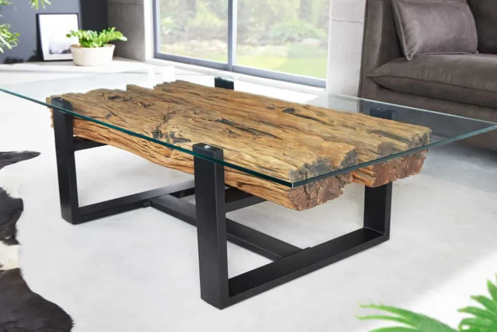 Riess-Ambiente Mehr...|Couchtische > Design Couchtisch BARRACUDA 130cm recyceltes Teakholz Glasplatte schwarz Edelstahl Industrial