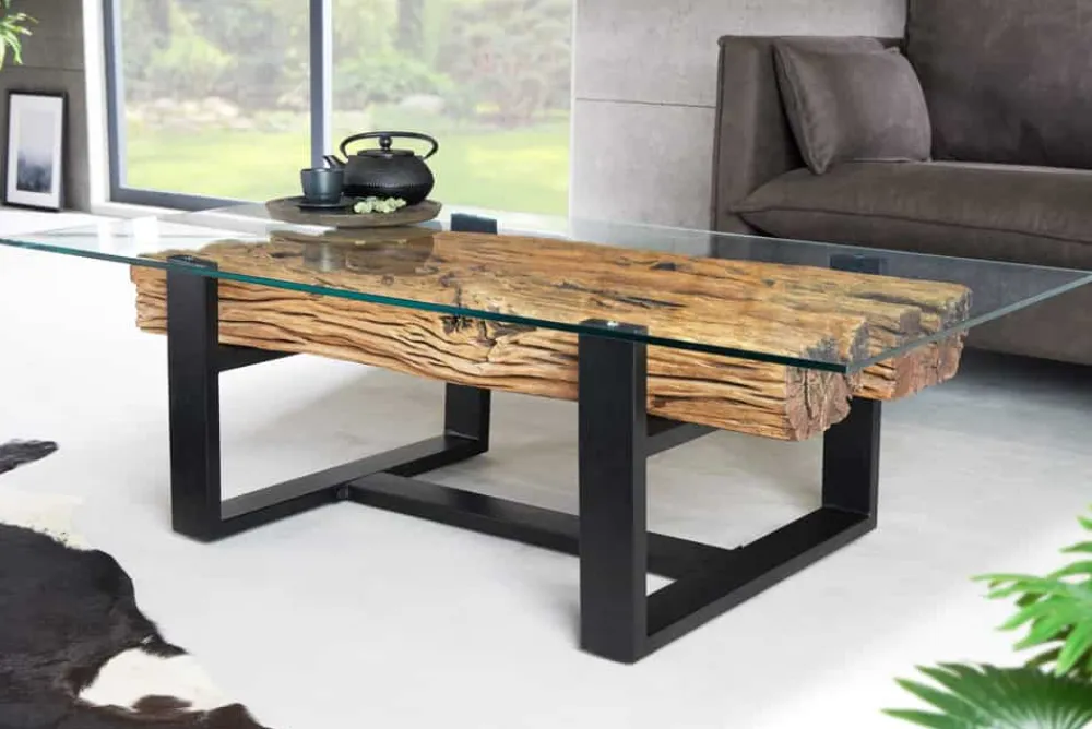 Riess-Ambiente Mehr...|Couchtische > Design Couchtisch BARRACUDA 130cm recyceltes Teakholz Glasplatte schwarz Edelstahl Industrial