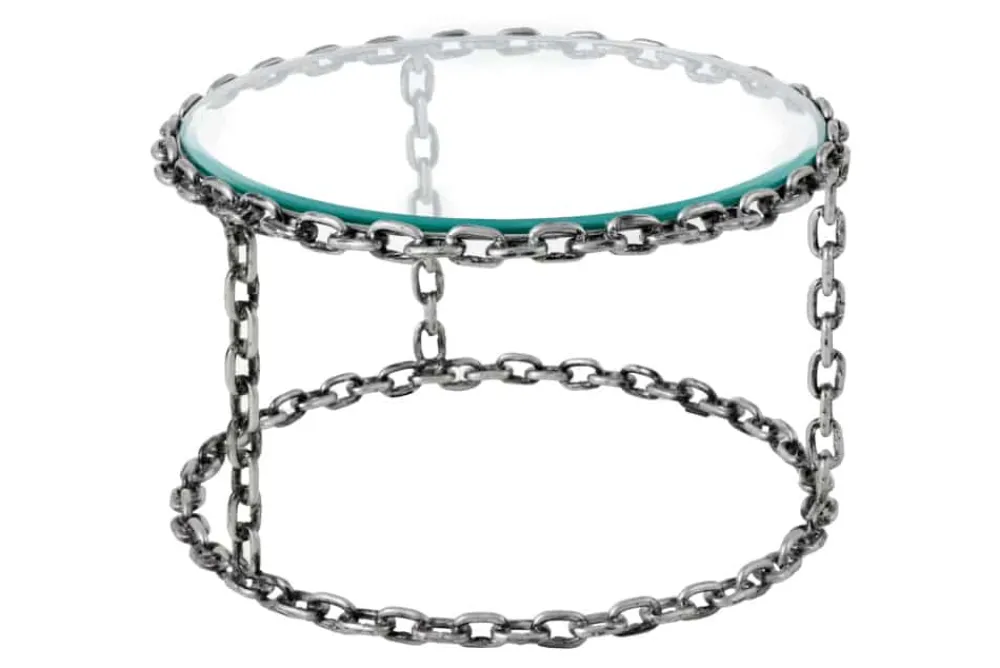 Riess-Ambiente Couchtische & Truhen > Design Couchtisch CHAINS 65cm silber handmade Metall rund Glasplatte Kettengestell