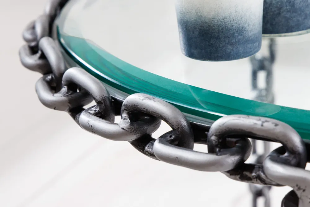 Riess-Ambiente Couchtische & Truhen > Design Couchtisch CHAINS 65cm silber handmade Metall rund Glasplatte Kettengestell