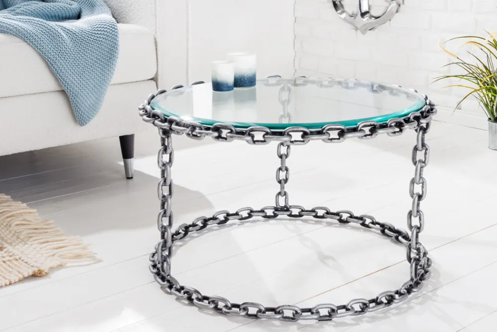Riess-Ambiente Couchtische & Truhen > Design Couchtisch CHAINS 65cm silber handmade Metall rund Glasplatte Kettengestell