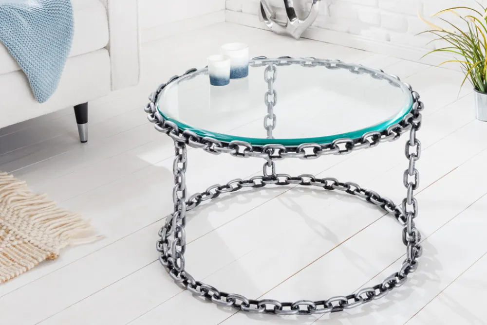 Riess-Ambiente Couchtische & Truhen > Design Couchtisch CHAINS 65cm silber handmade Metall rund Glasplatte Kettengestell