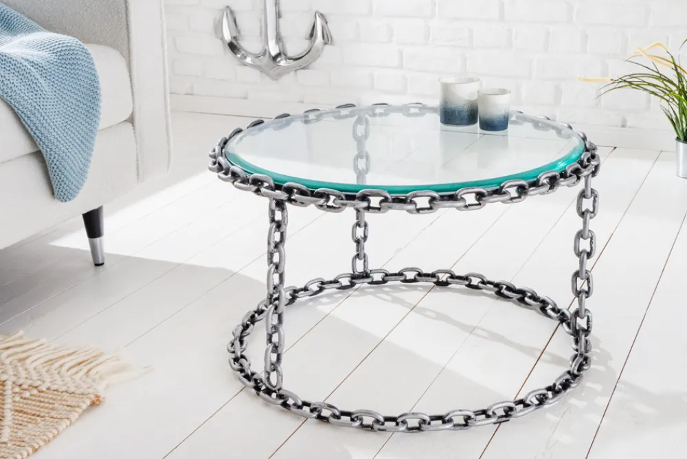 Riess-Ambiente Couchtische & Truhen > Design Couchtisch CHAINS 65cm silber handmade Metall rund Glasplatte Kettengestell