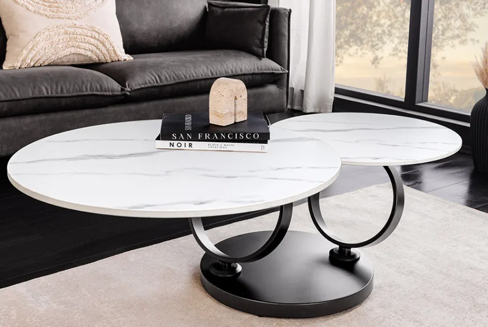 Riess-Ambiente Couchtische & Truhen > Design Couchtisch DANCING RINGS weiß rund drehbar Marmor Keramik schwarz Metall