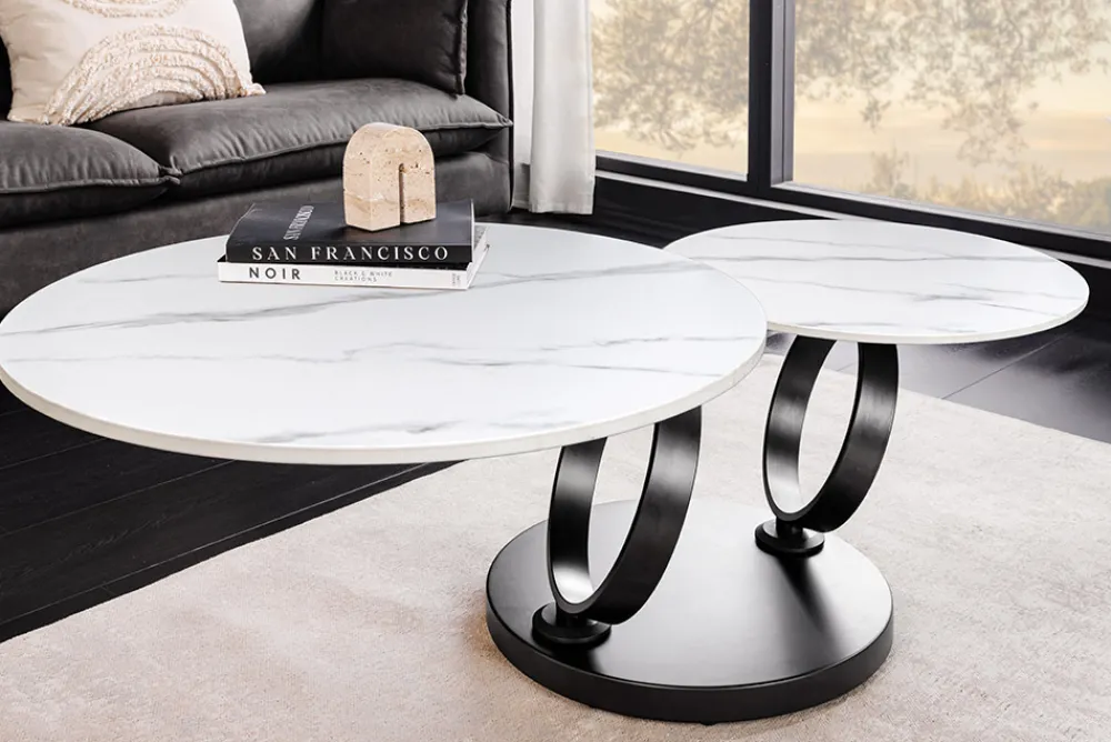 Riess-Ambiente Couchtische & Truhen > Design Couchtisch DANCING RINGS weiß rund drehbar Marmor Keramik schwarz Metall